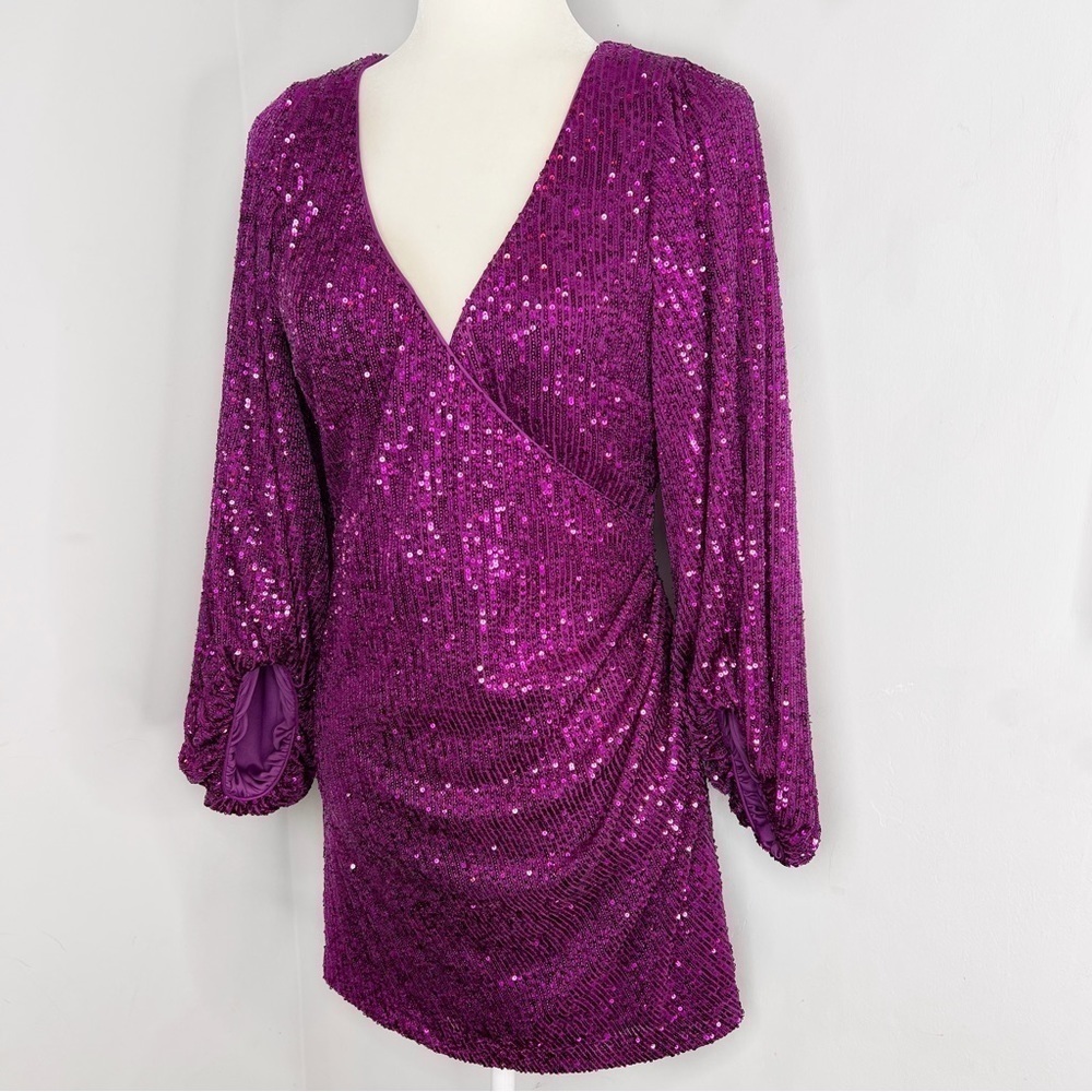 One33 Social Purple V Neck Balloon Sleeve Mini Dress 6